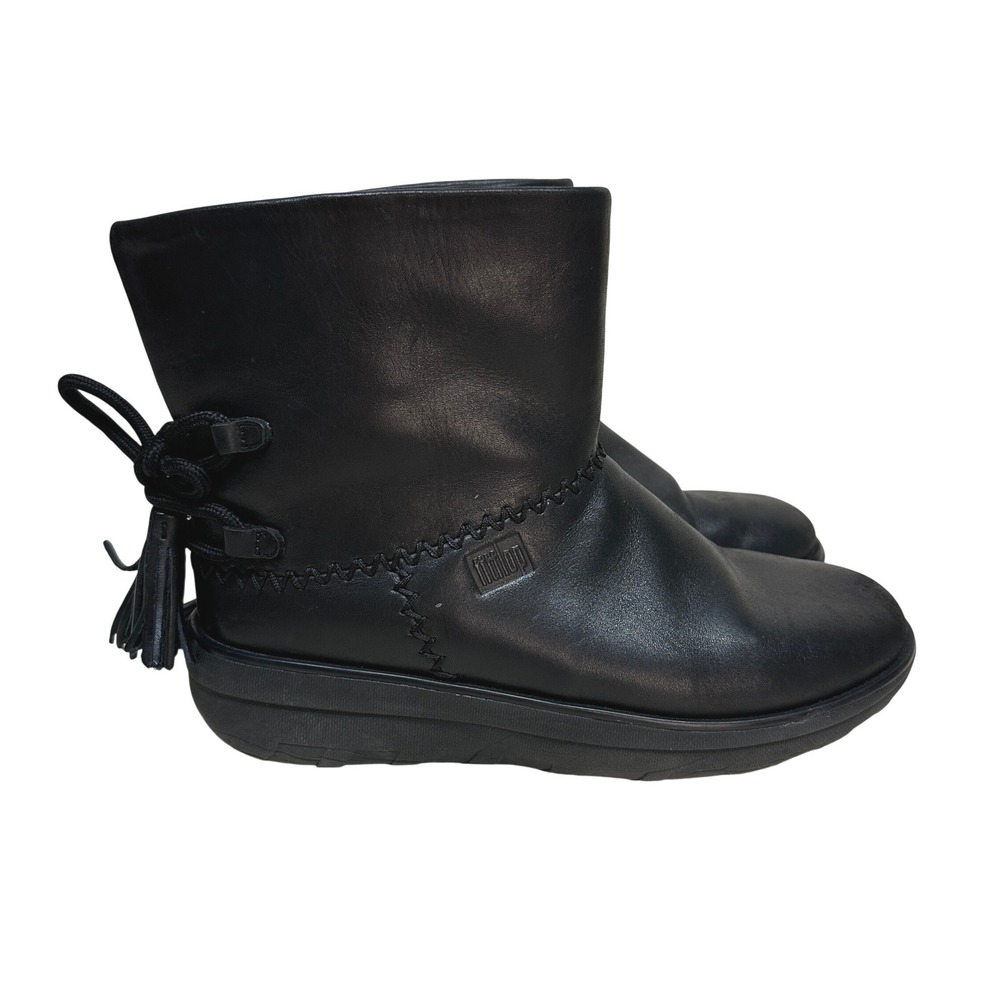 FitFlop Mukluk Shorty Black Leather Shearling Lined Tassel Boots Womens 7